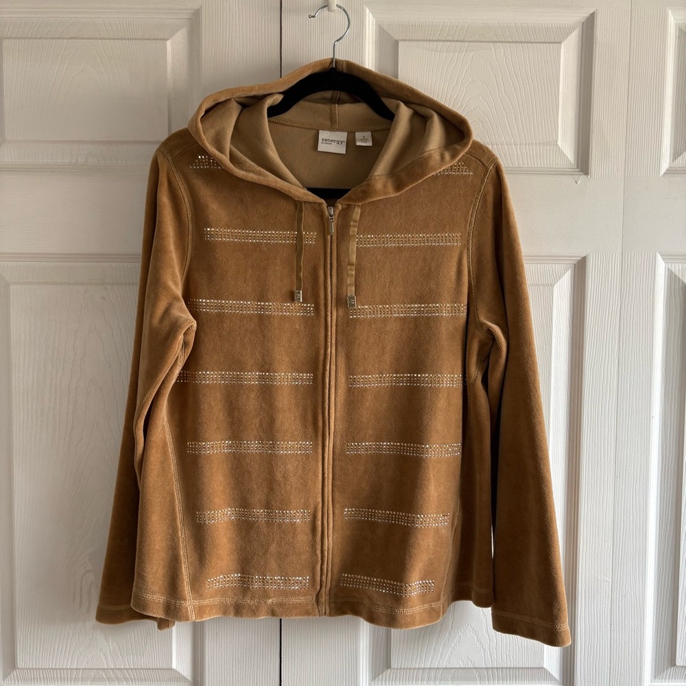 Zenergy By Chico's 1 M Beige Velour Velvet Stretch Hoodie Sweatshirt Coquette